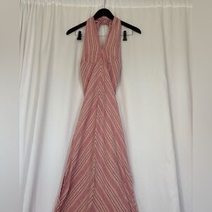 Venus Linen Maxi Dress Pink Stripped Size 6 Crossover Halter Cottagecore